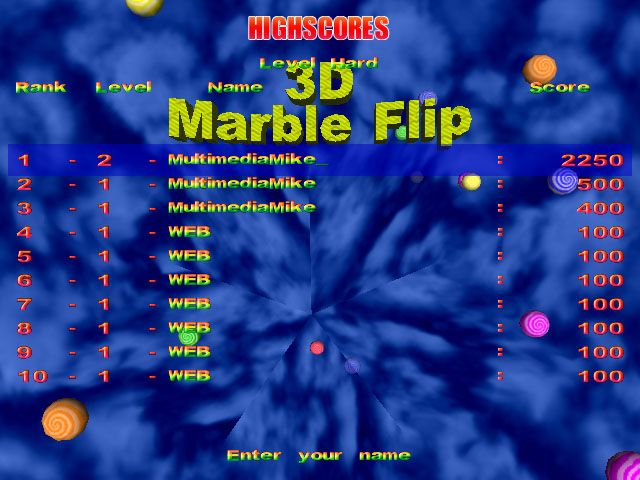 3D Marble Flip (Windows) screenshot: High score screen