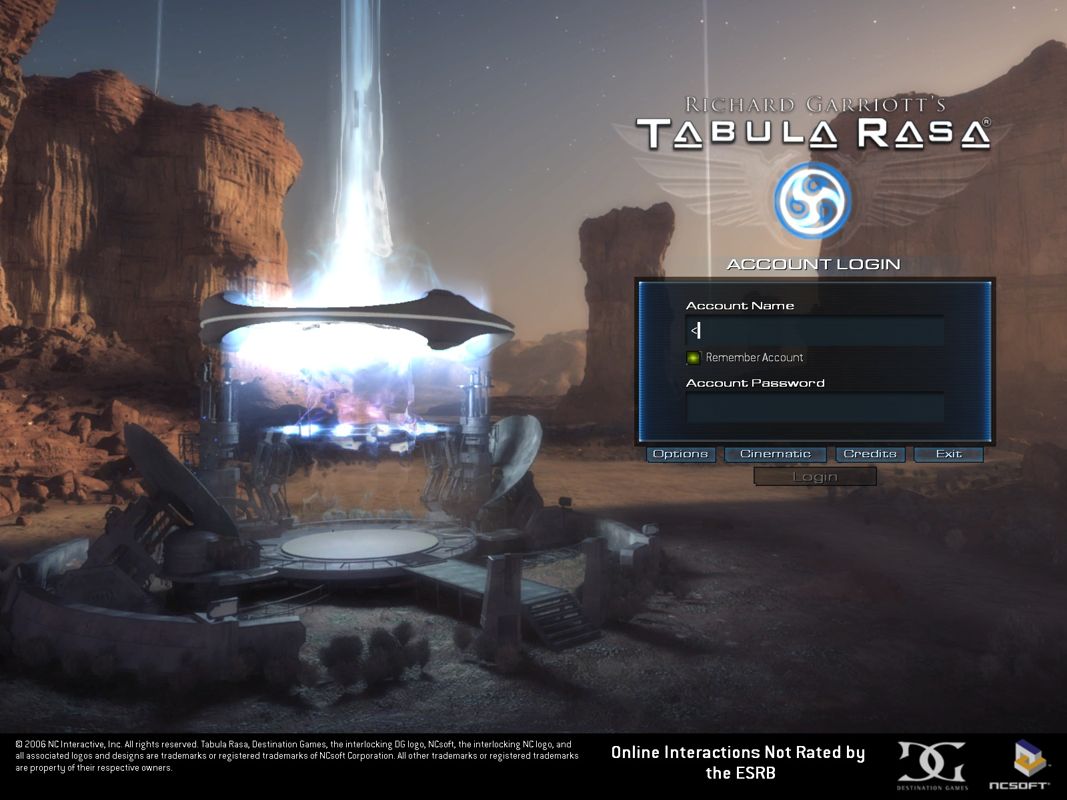 Richard Garriott's Tabula Rasa (Windows) screenshot: Main Menu