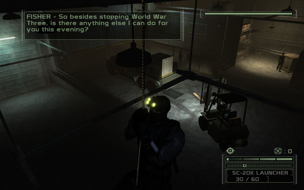 Tom Clancy's Splinter Cell: Chaos Theory (Windows) screenshot: Sam makes alot of jokes during the game.
