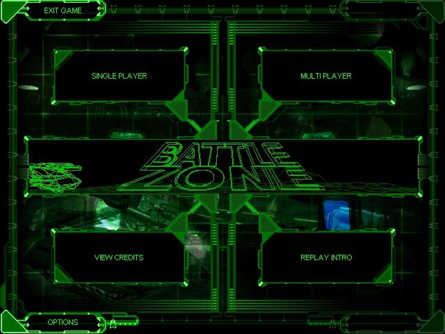 Battlezone (Windows) screenshot: Main menu with a small movie resembling the original <moby game="Battlezone">Battlezone</moby> playing.