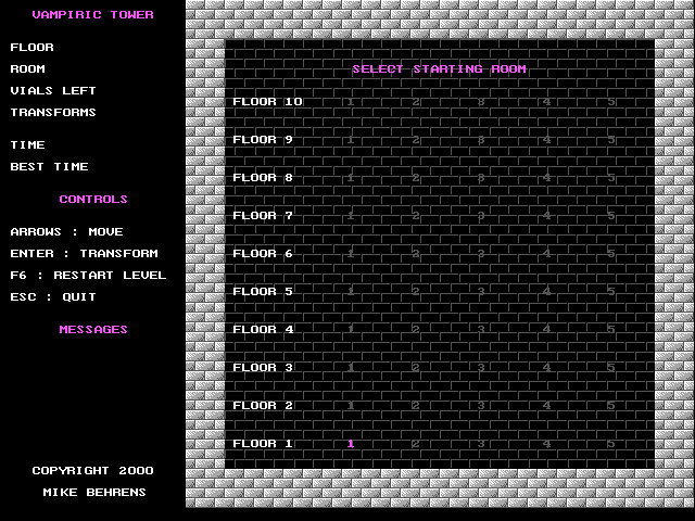 Vampiric Tower (DOS) screenshot: Level selection