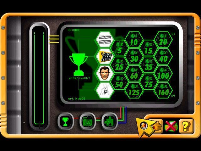 Action Man: Raid on Island X (Windows) screenshot: The bookshelf in the base/game menu gives the player access to the secret room in which clues and trophies accumulated in the game can be viewed