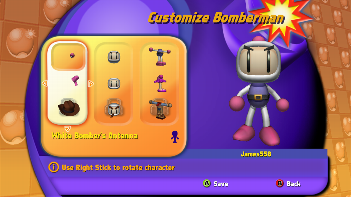 Bomberman Live (Xbox 360) screenshot: Customize Bomberman - unlock additional accessories, heads and outfits as you play.