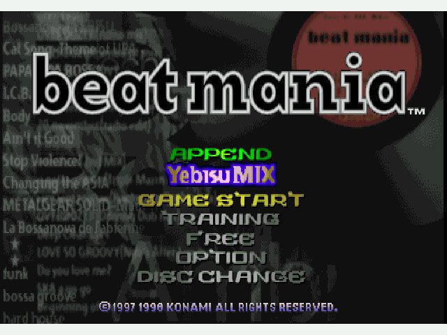 beatmania (PlayStation) screenshot: Title screen for the append disc "Yebisu Mix" that comes with the game as a bonus disc.