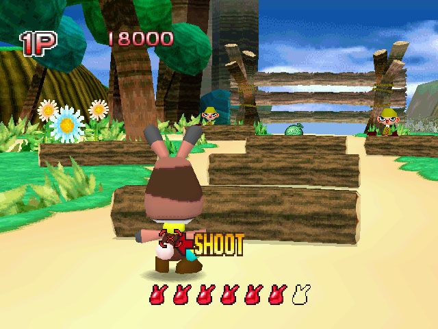 Rescue Shot (PlayStation) screenshot: Shoot Bo to make him jump over things.
