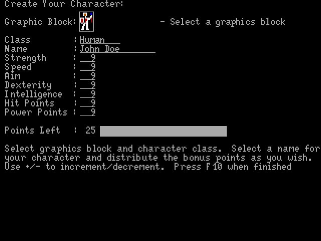 The Rescue of Lorri in Lorrinitron (DOS) screenshot: Generating a character