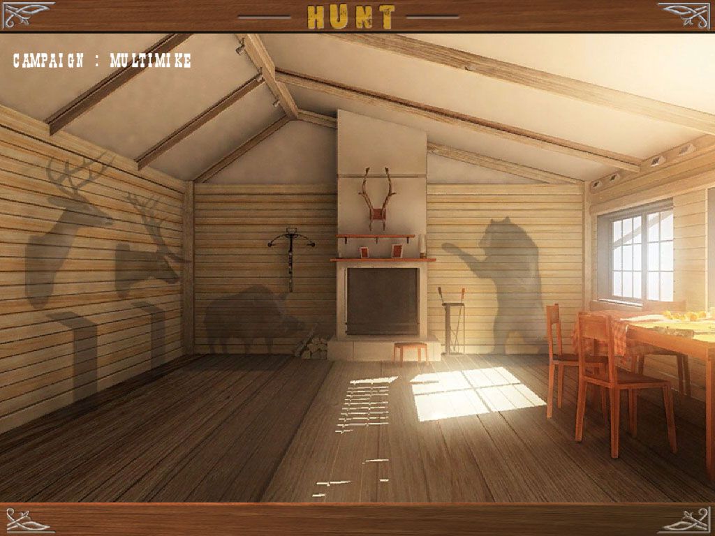 Hunt (Windows) screenshot: Inside the lodge, silhouettes adorn the walls