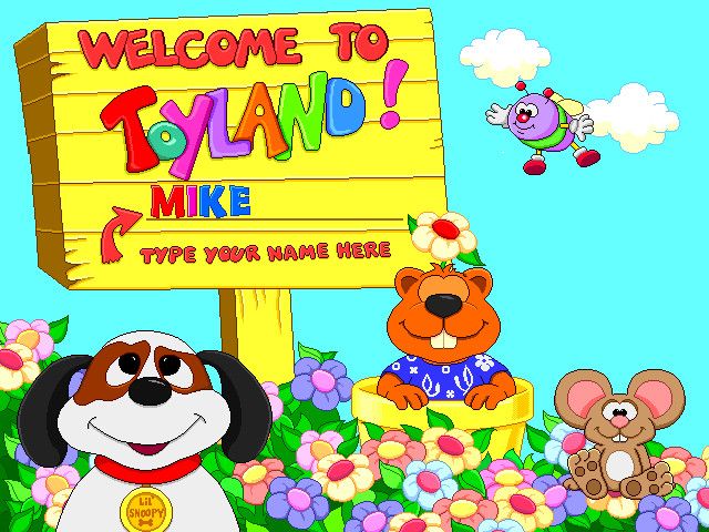 Fisher-Price Learning in Toyland (Windows) screenshot: Title screen and name entry