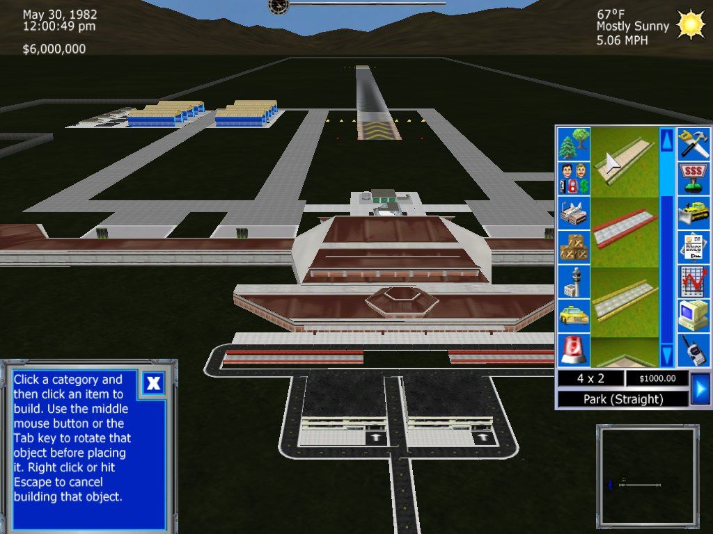 Airport Tycoon 2 (Windows) screenshot: The building menu, a help window appears in the lower left of the screen.