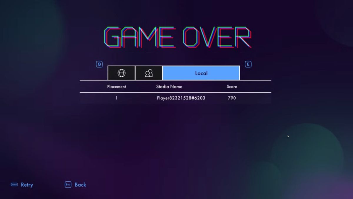 Breakout: Recharged (Stadia) screenshot: Game Over screen