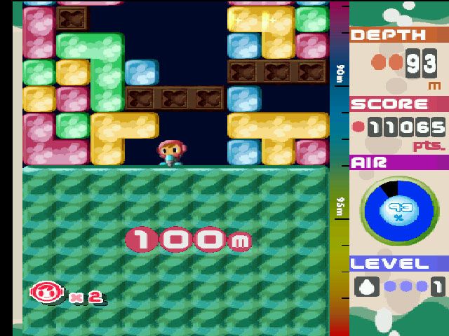 Mr. Driller (PlayStation) screenshot: *Phew!* Only 400 meters to go!