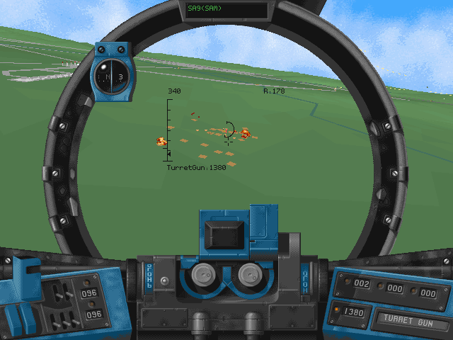 Hind (DOS) screenshot: Attacking vehicles with the turret gun.