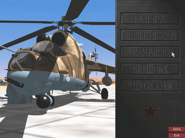 Hind (DOS) screenshot: Go practice, fly a single mission or start a campaign.