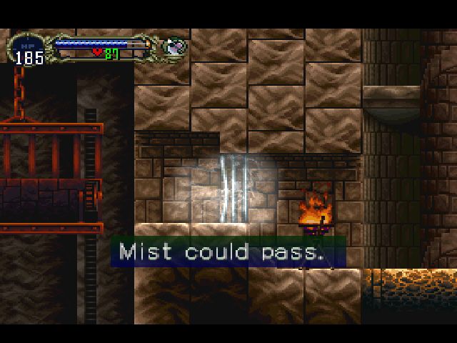 <small>Castlevania: Symphony of the Night (PlayStation) screenshot:</small><br> Mist form allows you to pass throgh cell doors and other obstacles.