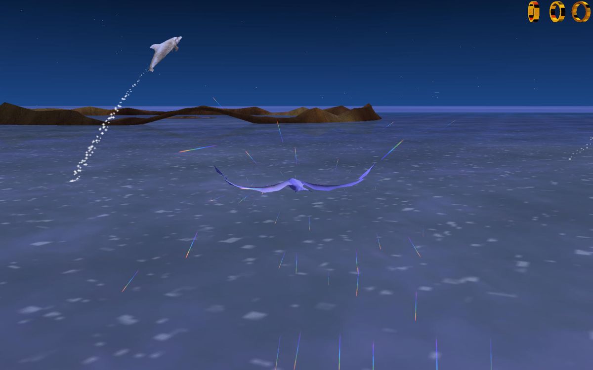 MusicVR Episode 1: Tr3s Lunas (Windows) screenshot: Dolphins greeting me while I am approaching the island.