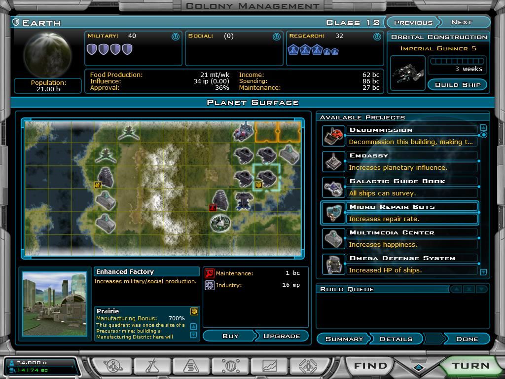 Galactic Civilizations II: Dread Lords (Windows) screenshot: Colony Management - here you can construct buildings for your colony.