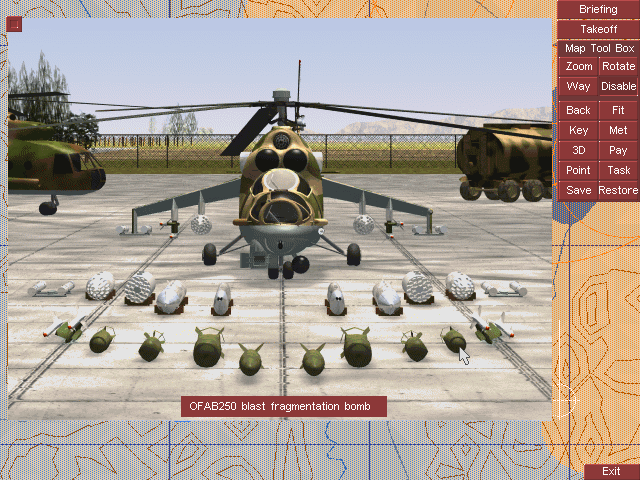 Hind (DOS) screenshot: Loading my Mi-24 with different missiles, bombs or gun pods.