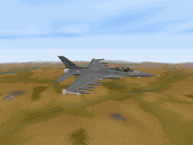 iF-16 (DOS) screenshot: Watching the F-16 Fighting Falcon in flight.