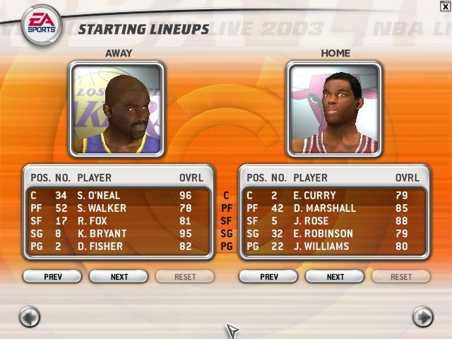 NBA Live 2003 (Windows) screenshot: Selecting the starting lineups.