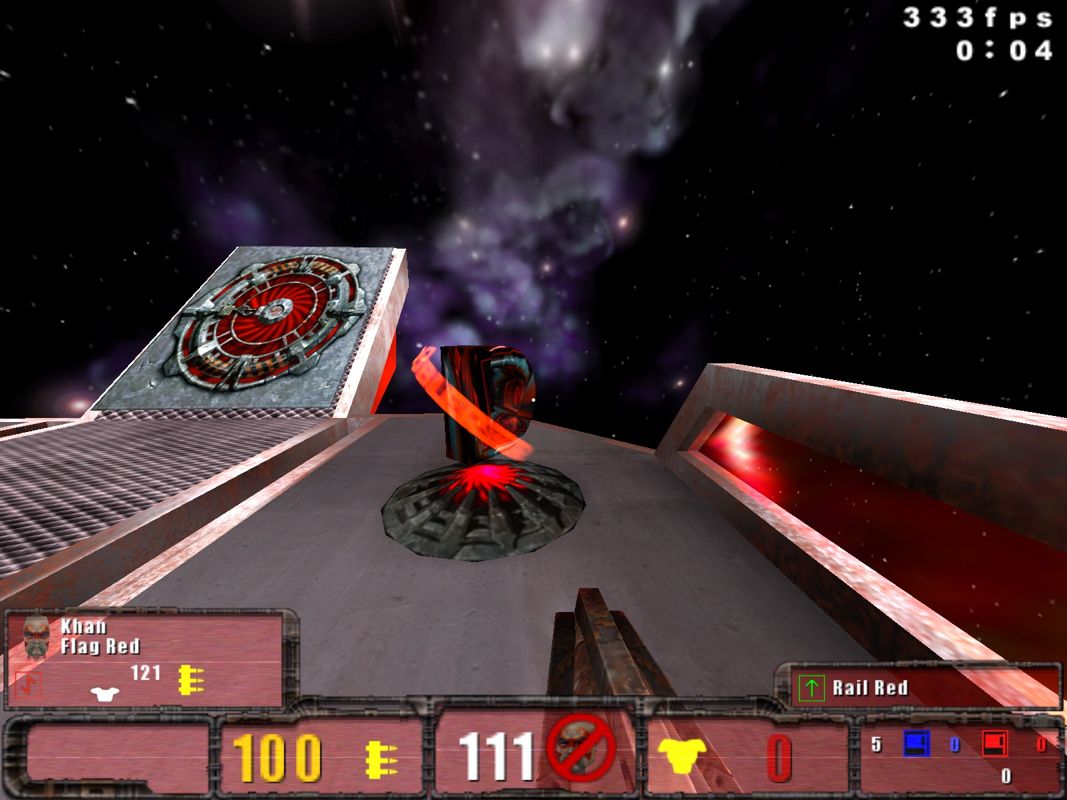 Quake III: Team Arena (Windows) screenshot: One of the permanent power-ups: The Doubler (doubles your weapons damage).
