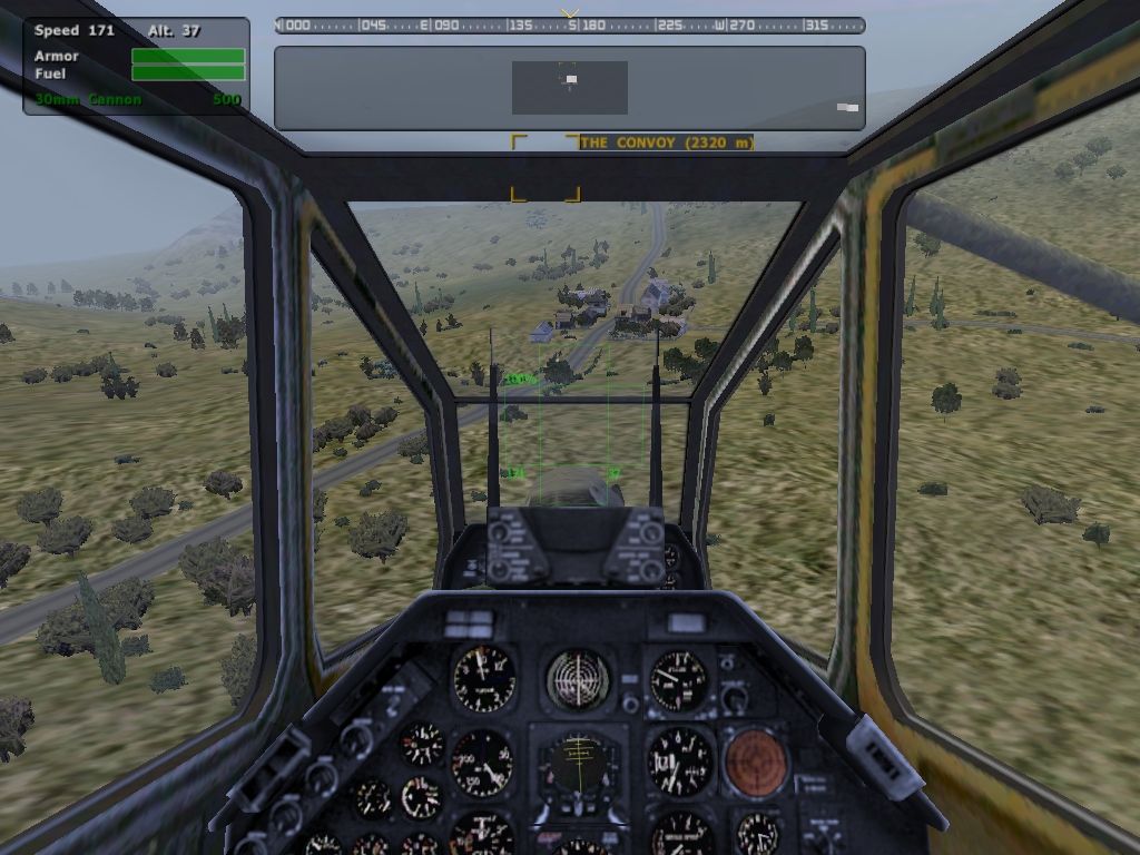 Operation Flashpoint: Cold War Crisis (Windows) screenshot: I just took off with the combat helicopter. That soviet convoy ahead is my primary target.