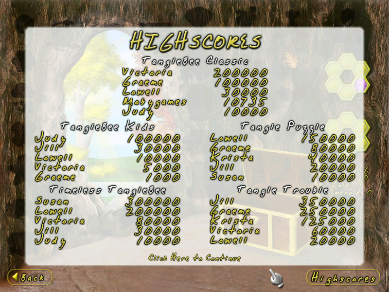 Tangle Bee (Windows) screenshot: High-score table