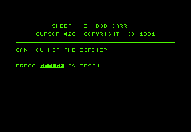 Skeet! (Commodore PET/CBM) screenshot: Title screen