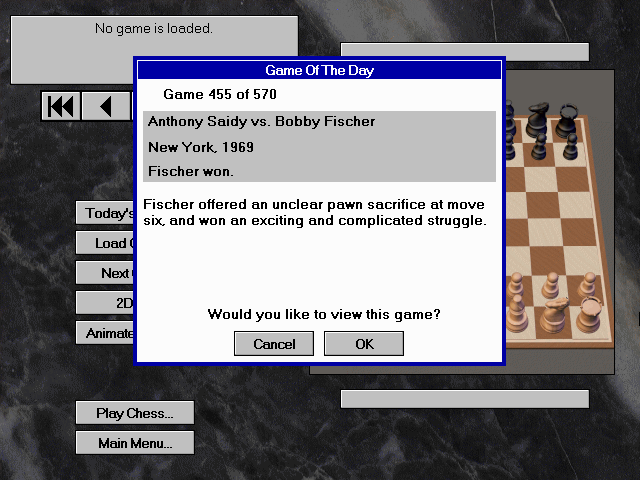 Bobby Fischer Teaches Chess (DOS) screenshot: The game also has 570 Bobby Fischer matches.
