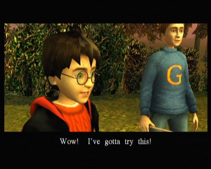 Harry Potter and the Chamber of Secrets (Xbox) screenshot: Harry seems to be thrilled about de-gnoming the garden