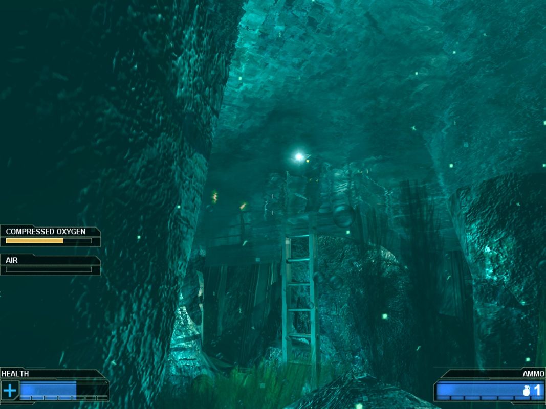 Red Ocean (Windows) screenshot: A rare underwater section. You can't use your weapons while swimming.