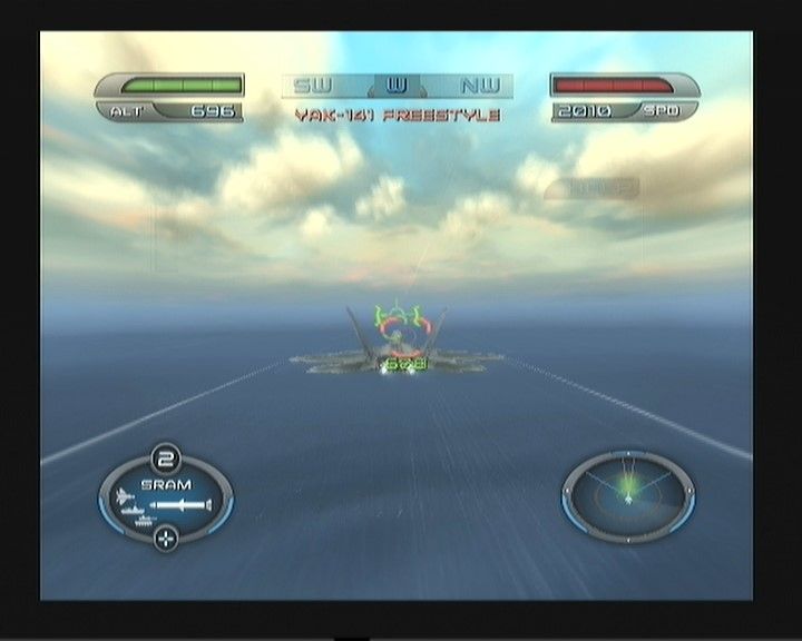Heatseeker (PlayStation 2) screenshot: Using the afterburner. There are some enemies infront, and one is locked. (You are still out of range though, as the message on top says).