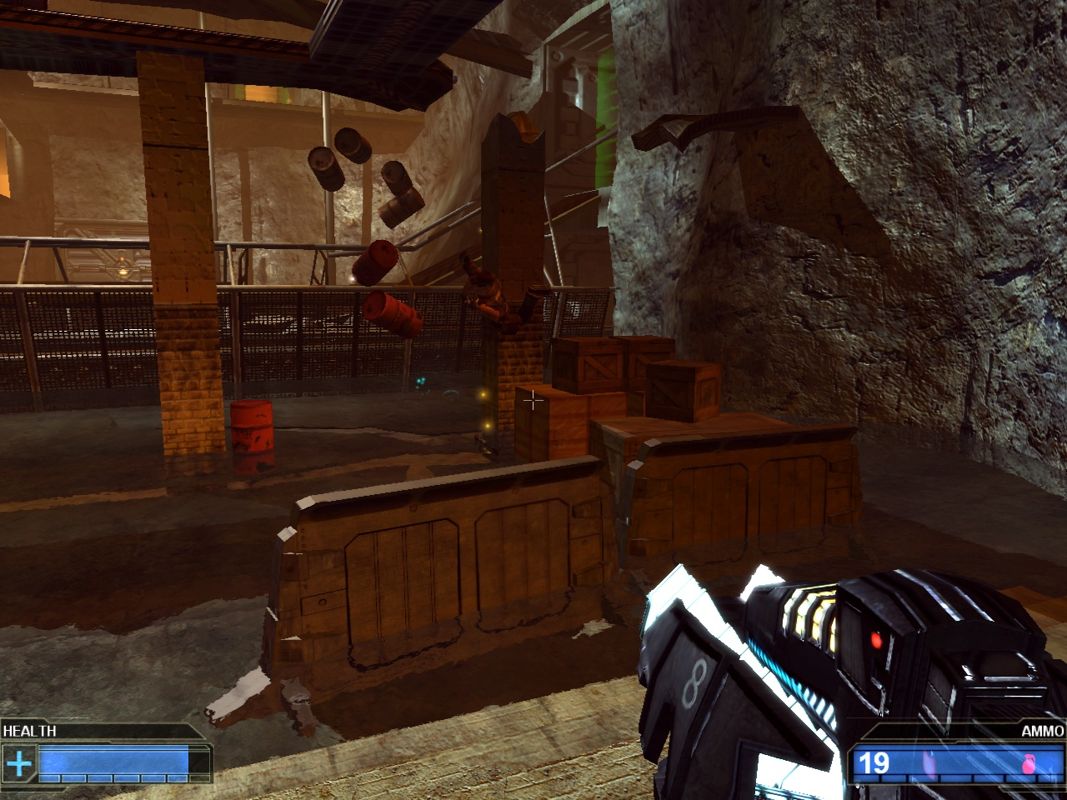 Red Ocean (Windows) screenshot: A single plasma shot sends barrels flying into the air.