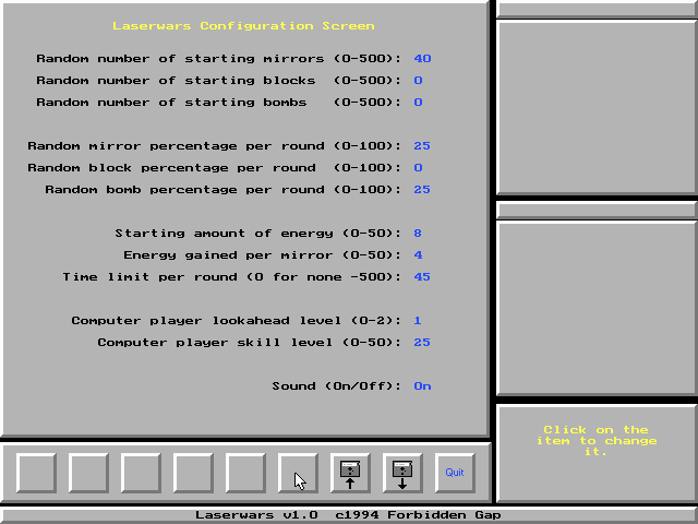 Laserwars (DOS) screenshot: Random game settings