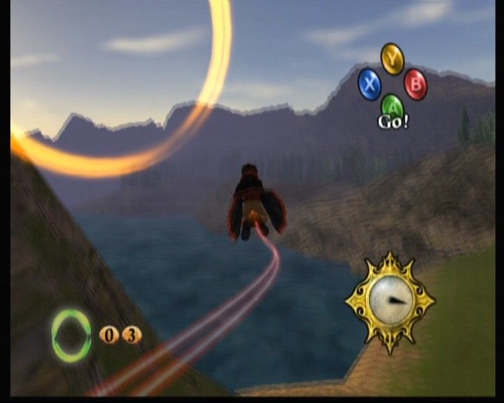 Harry Potter and the Chamber of Secrets (Xbox) screenshot: Harry's got to pass through as many floating circles while flying on a broom to get the highest grade