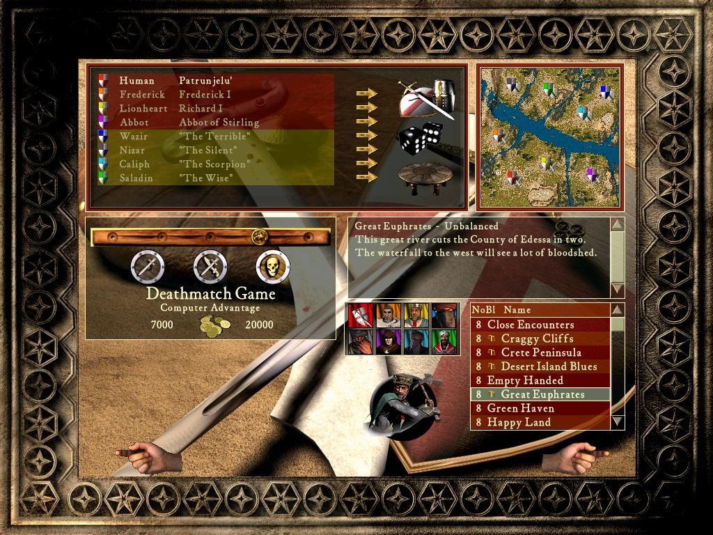 FireFly Studios' Stronghold Crusader (Windows) screenshot: The skirmish game screen. Here you can start a skirmish game, select your opponents, allies and more. In the image we have a classic arabic vs. crusader lords game :) 2 Teams.