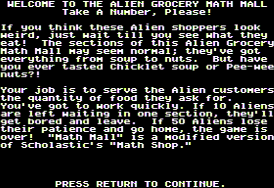 Microzine #23 (Apple II) screenshot: Math Mall - Instructions