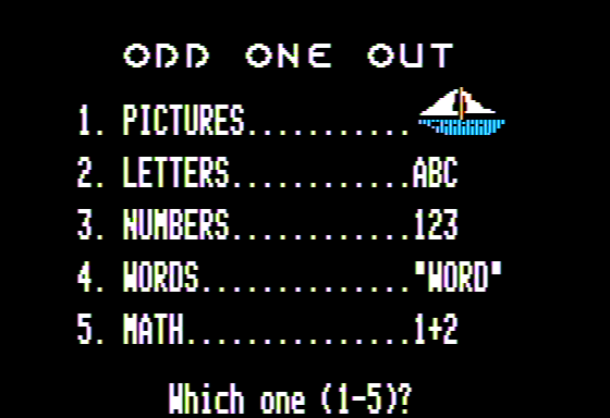 Odd One Out (Apple II) screenshot: Main Menu