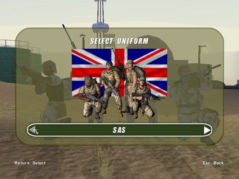 Conflict: Desert Storm (Windows) screenshot: You can choose Delta Force or S.A.S. uniforms and accents for your squad.