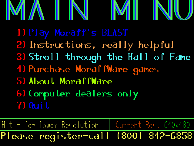 Moraff's Blast I (DOS) screenshot: Main menu