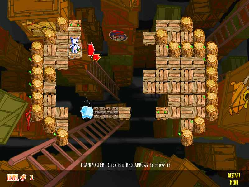 Snowy: Puzzle Islands (Windows) screenshot: Taking a platform across the warehouse.