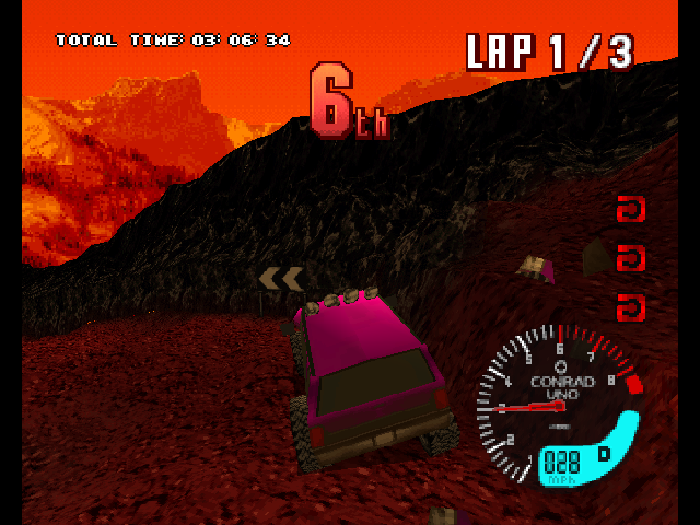 TNN Motor Sports Hardcore 4x4 (PlayStation) screenshot: Debris scatter from your truck when you hit something.