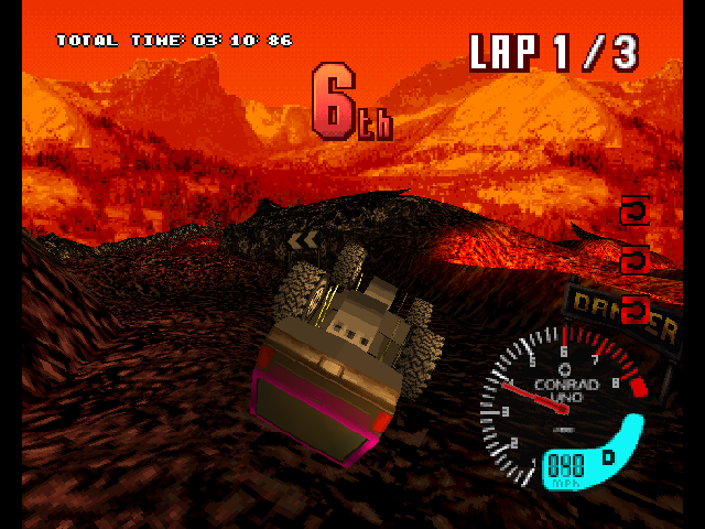 TNN Motor Sports Hardcore 4x4 (PlayStation) screenshot: Dammit! Guess you can turn your truck upside-down.