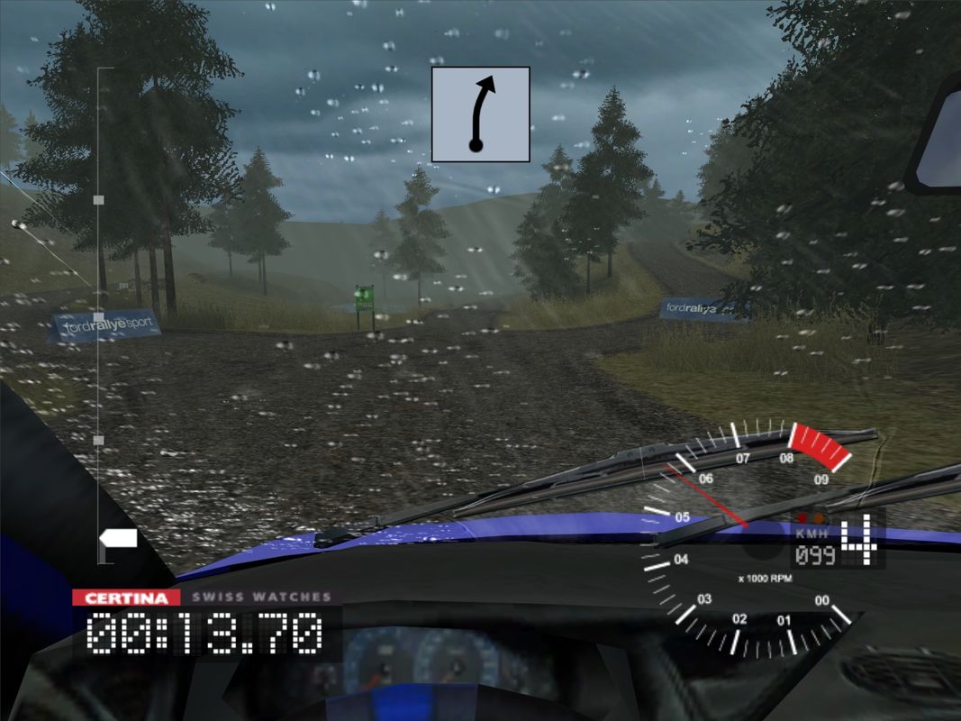 Colin McRae Rally 3 (Windows) screenshot: Rain drops splash on the windshield