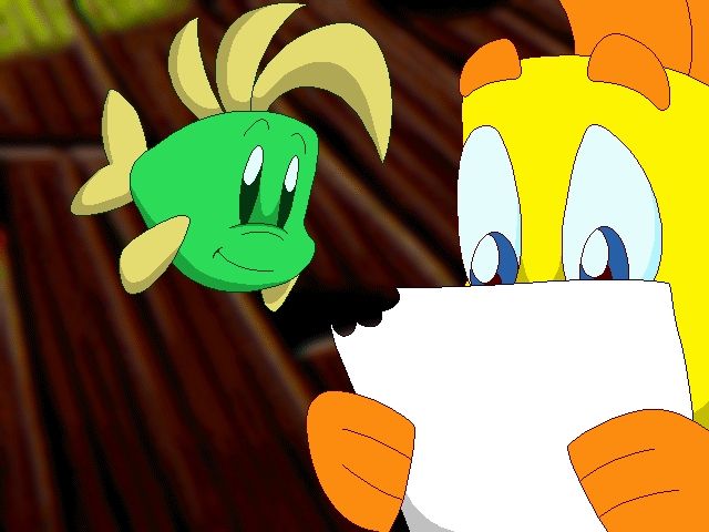 Freddi Fish 4: The Case of the Hogfish Rustlers of Briny Gulch (Windows) screenshot: Freddi reads an important clue and Luther prepares to eat the evidence.