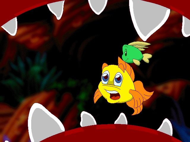 Freddi Fish 4: The Case of the Hogfish Rustlers of Briny Gulch (Windows) screenshot: Freddi and Luther have a narrow escape.