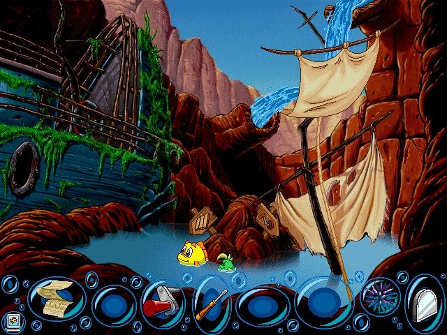 Freddi Fish 4: The Case of the Hogfish Rustlers of Briny Gulch (Windows) screenshot: Maybe that falling water should be re-diverted...somehow.