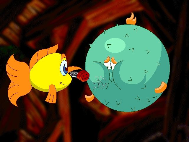 Freddi Fish 4: The Case of the Hogfish Rustlers of Briny Gulch (Windows) screenshot: Never offer pepper to an inflated blowfish.