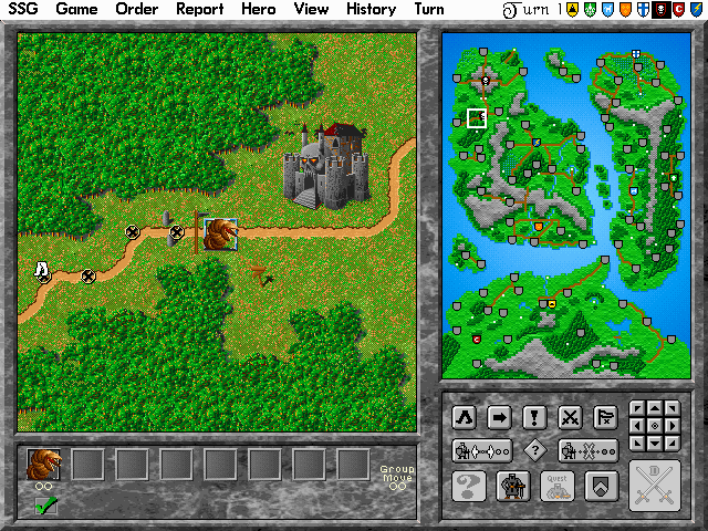 Warlords II Deluxe (DOS) screenshot: Out of movement points, but remembering where he's going for next turn.