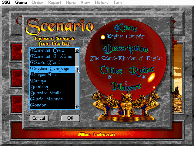 Warlords II Deluxe (DOS) screenshot: Starting one scenario among... a great many!