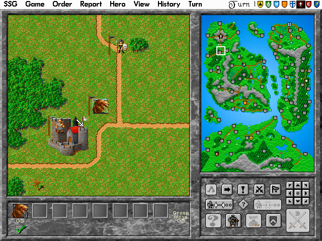 Warlords II Deluxe (DOS) screenshot: The newfound units are about to take on a neutral village.